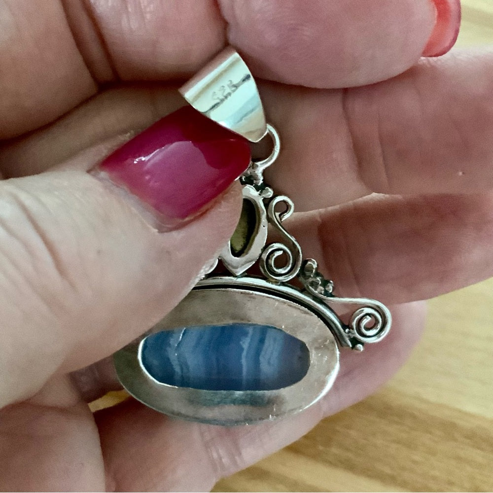 Blue Lace Agate & Chalcedony Solid Sterling Silver Pendant