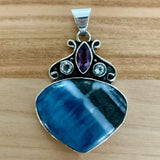 HEART Owyhee Opal Amethyst Blue Topaz Solid 925 Sterling Silver Pendant