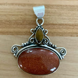 Goldstone & Tigers Eye Solid 925 Sterling Silver Pendant