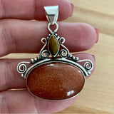 Goldstone & Tigers Eye Solid 925 Sterling Silver Pendant