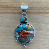 Kingman Turquoise & Spiny Oyster Solid 925 Sterling Silver Pendant