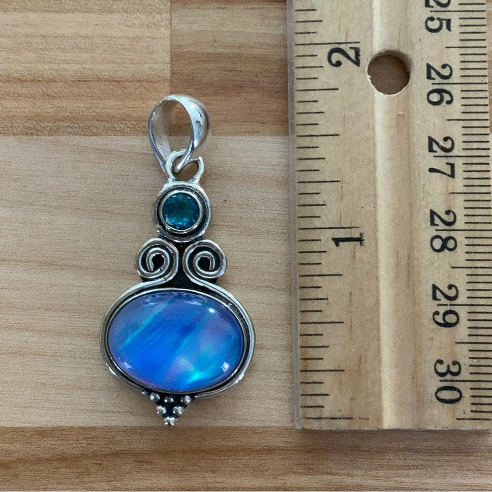 Aurora Opal & Blue Topaz Solid 925 Sterling Silver Pendant