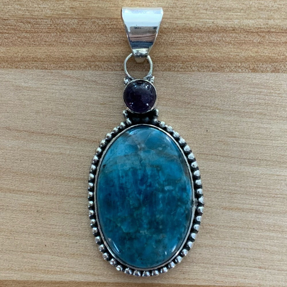 Blue Apatite Amethyst Solid 925 Sterling Silver Pendant