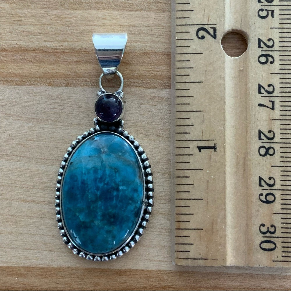 Blue Apatite Amethyst Solid 925 Sterling Silver Pendant