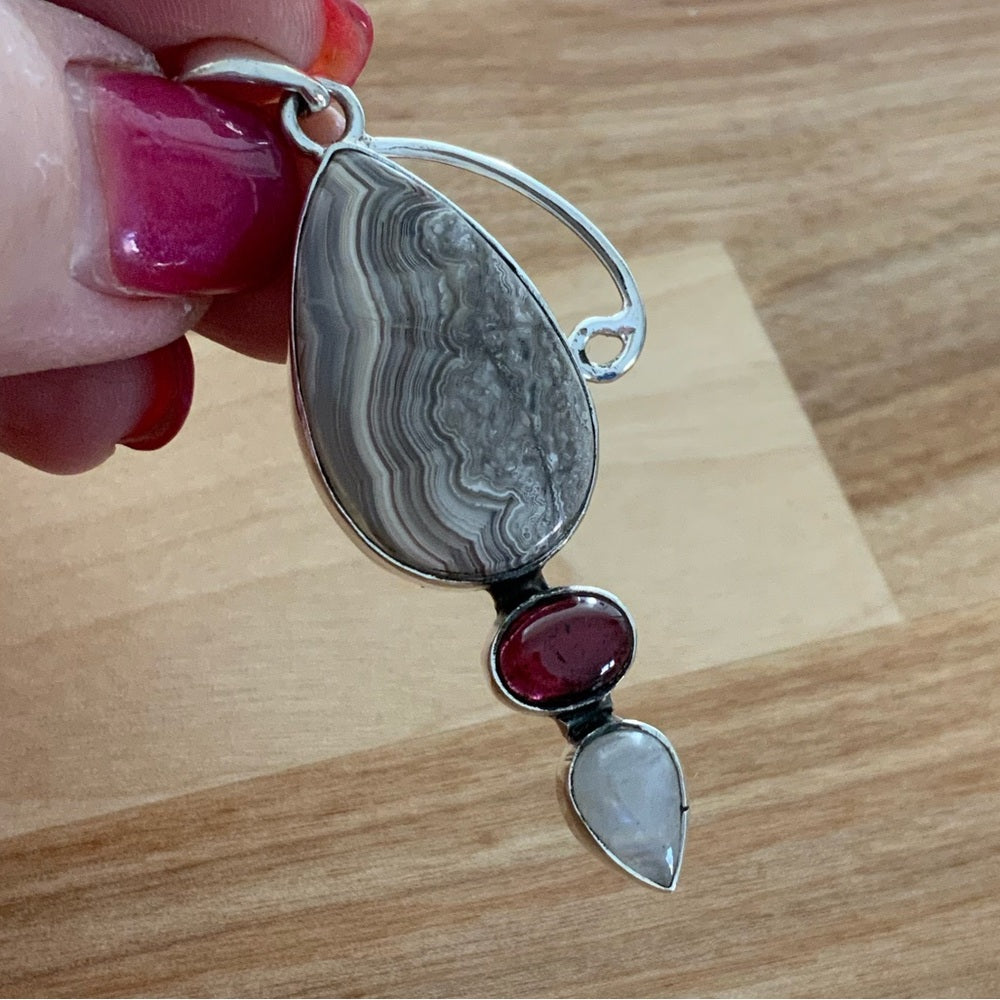 Crazy Lace Agate Moonstone & Garnet Solid 925 Sterling Silver Pendant