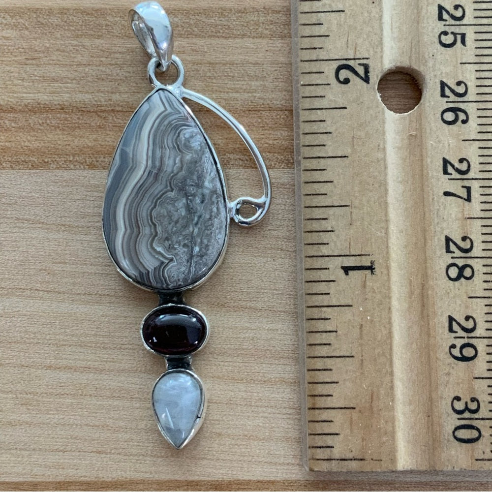 Crazy Lace Agate Moonstone & Garnet Solid 925 Sterling Silver Pendant
