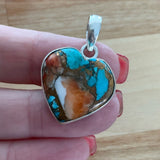 Heart Turquoise & Spiny Oyster Solid 925 Sterling Silver Pendant
