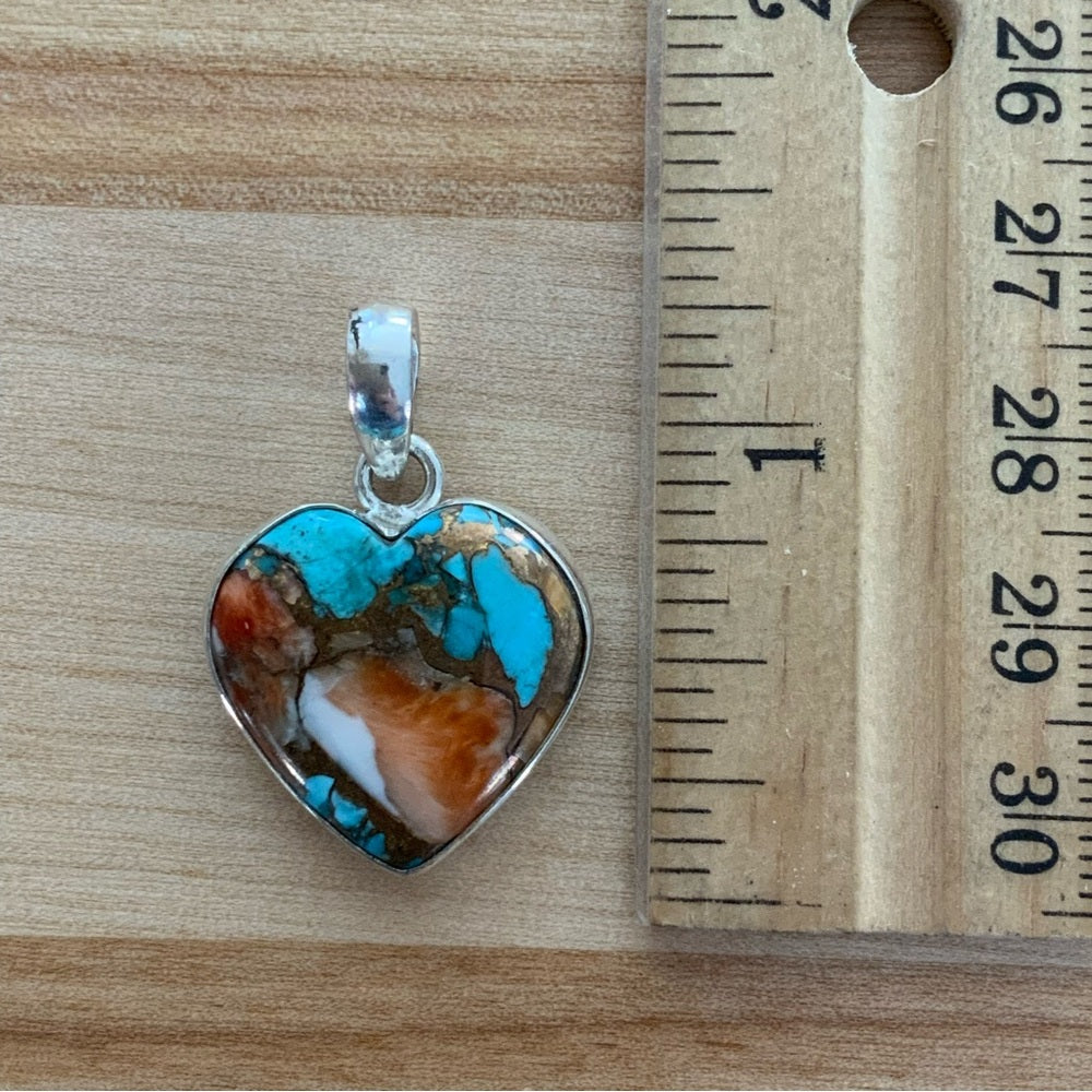 Heart Turquoise & Spiny Oyster Solid 925 Sterling Silver Pendant