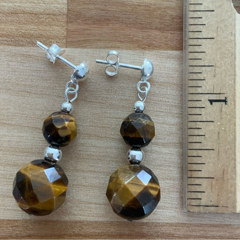 Faceted Tigers Eye post Solid 925 Sterling Silver Earrings