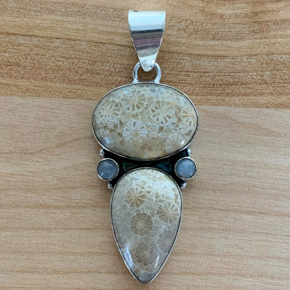 Fossilized Coral & Moonstone Solid 925 Sterling Silver Pendant