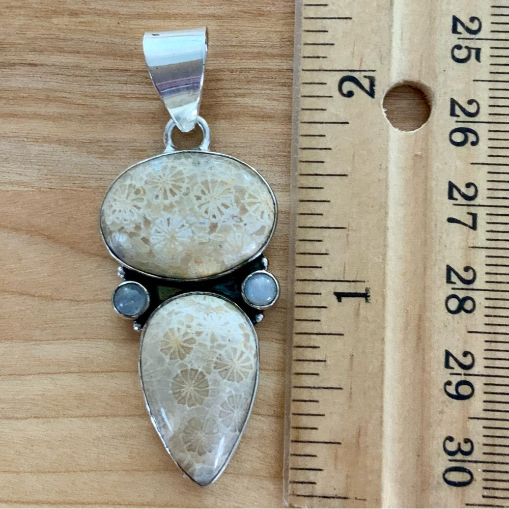 Fossilized Coral & Moonstone Solid 925 Sterling Silver Pendant