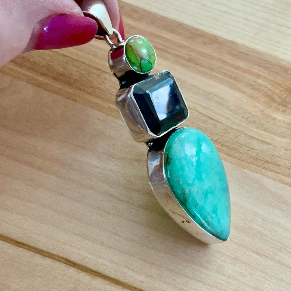 Amazonite Smoky Topaz Green Turquoise Solid 925 Sterling Silver Pendant