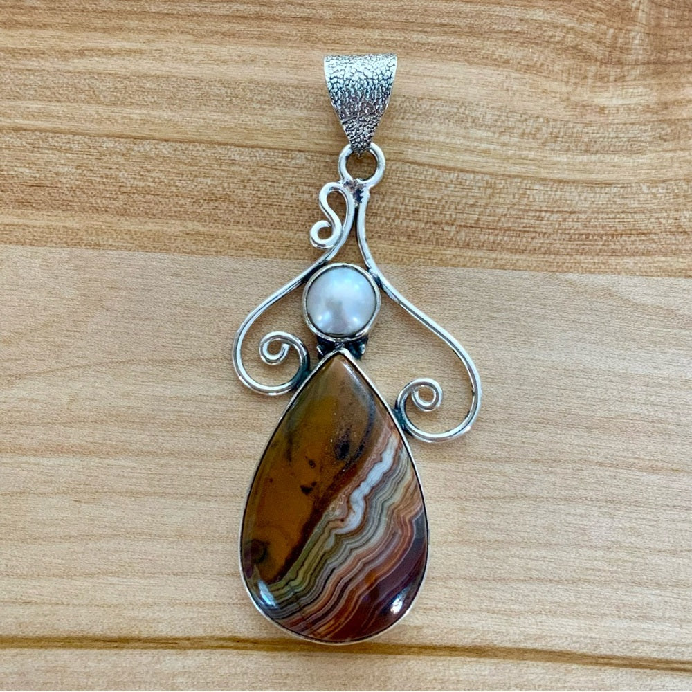 Striped Agate Pearl Solid 925 Sterling Silver Pendant