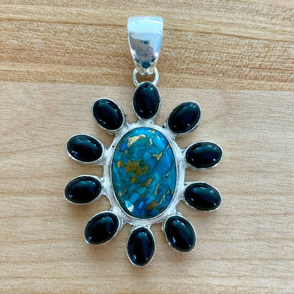 Copper Turquoise & Black Onyx Solid 925 Sterling Silver Pendant