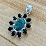 Copper Turquoise & Black Onyx Solid 925 Sterling Silver Pendant