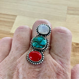 Red Coral Turquoise Howlite Moonstone Solid 925 Sterling Silver Ring