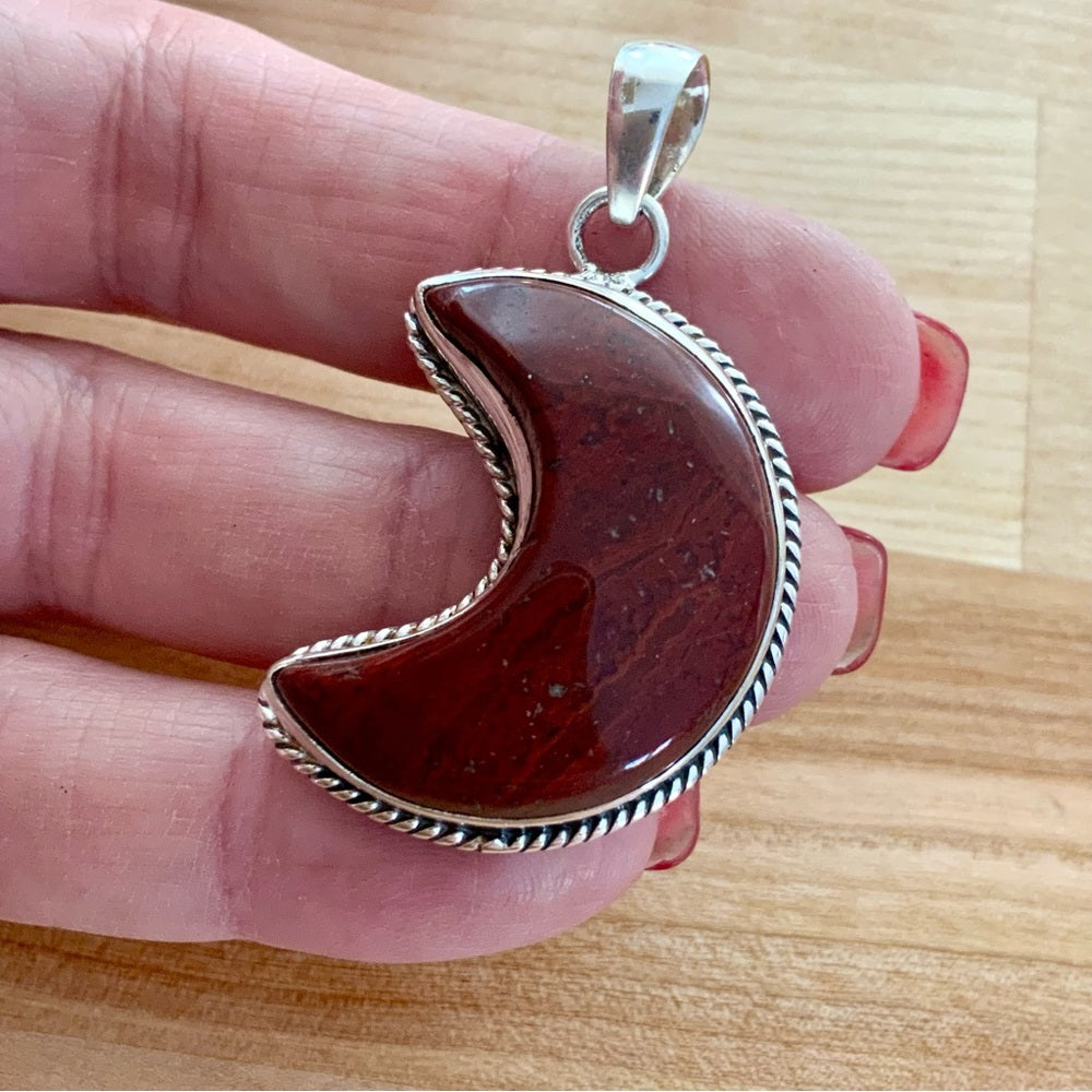 MOON Red Jasper Solid 925 Sterling Silver Pendant