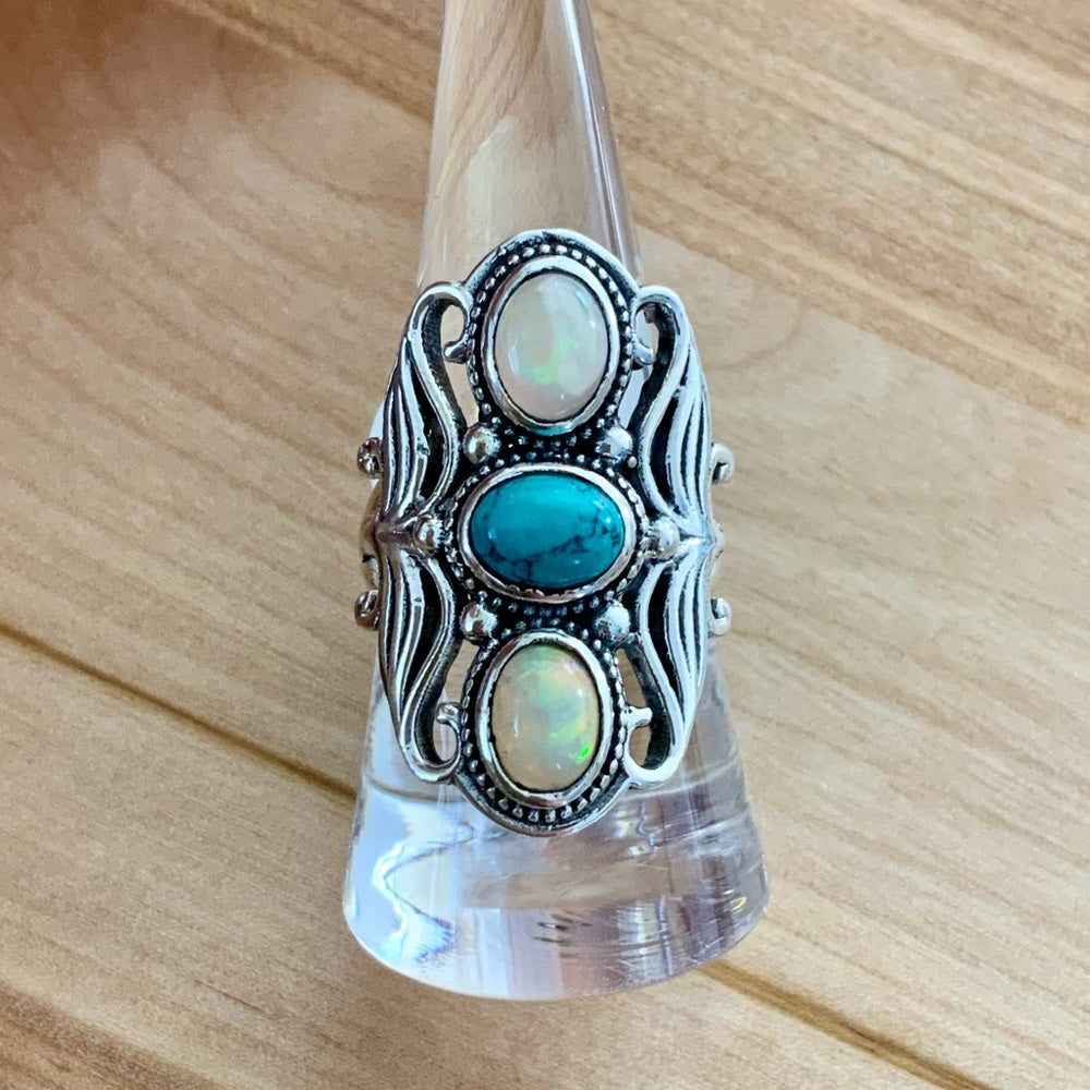 Ethiopian Opal & Turquoise Solid 925 Sterling Silver Ring