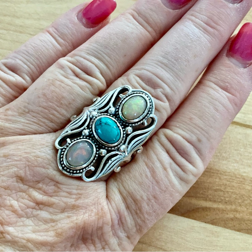 Ethiopian Opal & Turquoise Solid 925 Sterling Silver Ring