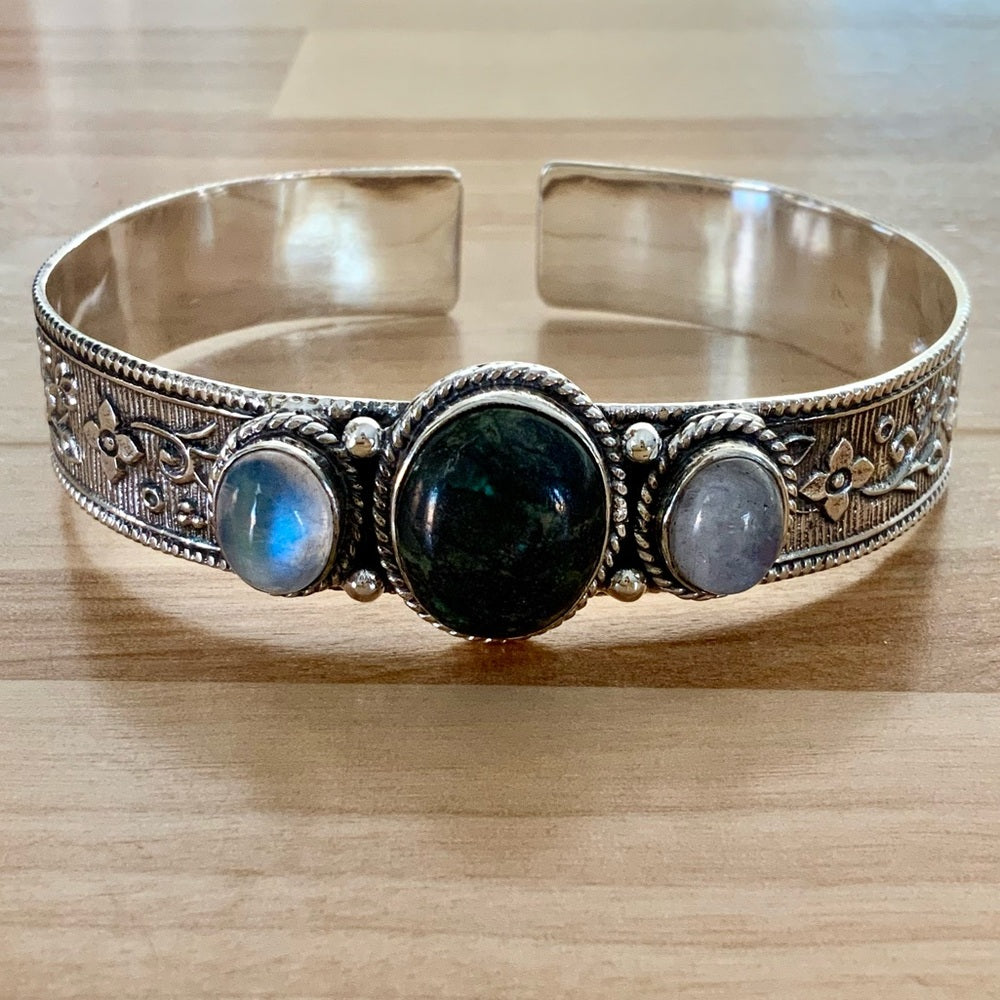 Tibetan Turquoise & Moonstone Solid 925 Sterling Silver Cuff