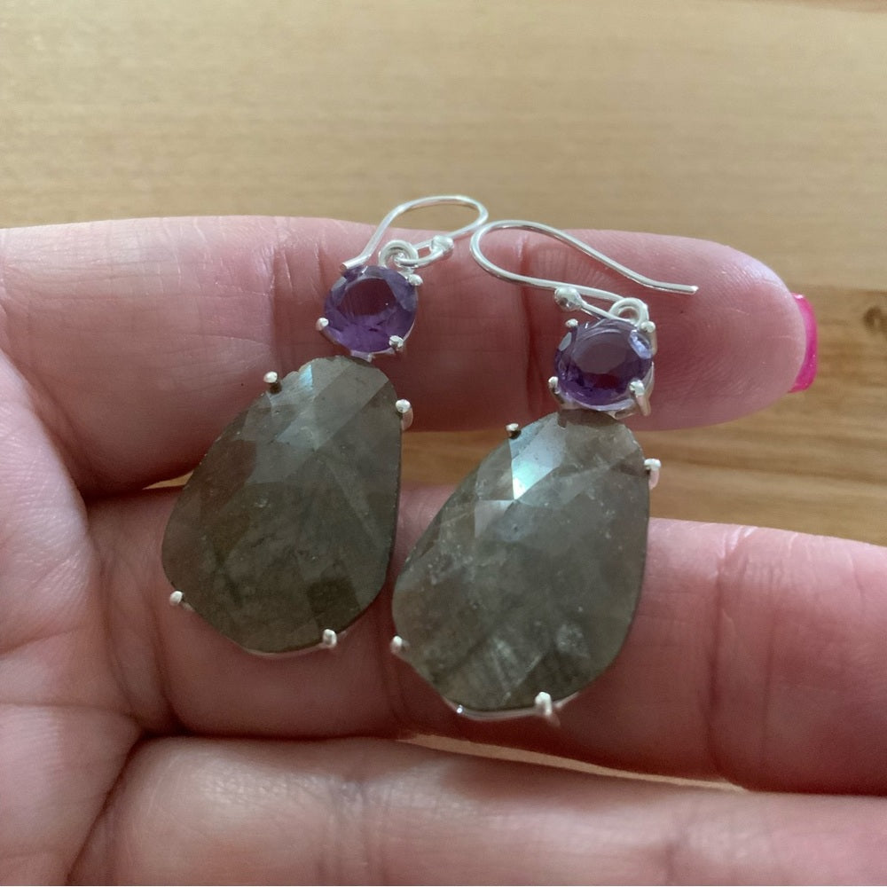 Labradorite & Amethyst Solid 925 Sterling Silver Earrings