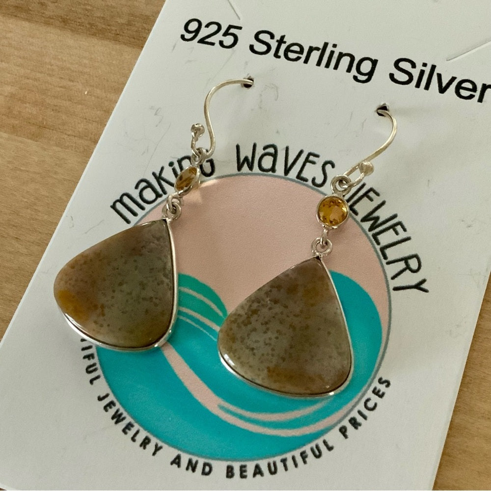Red Moss Agate & Citrine Solid 925 Sterling Silver Earrings