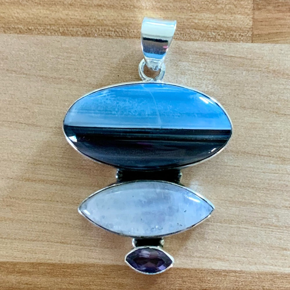 Owyhee Opal, Moonstone & Amethyst Solid 925 Sterling Silver Pendant