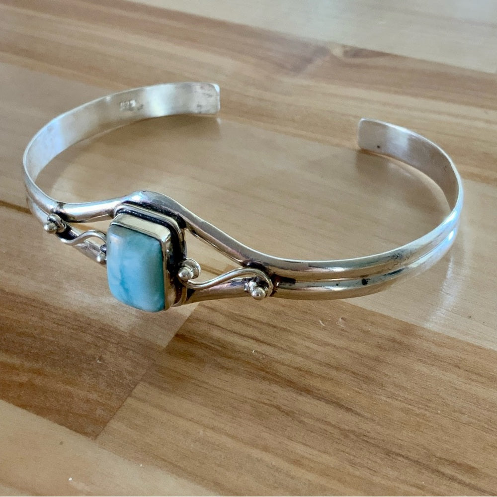 Larimar Solid 925 Sterling Silver Cuff Bracelet