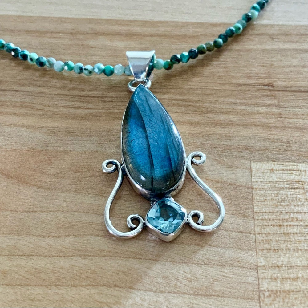 Labradorite & Aquamarine Sterling Silver Pendant Turquoise beaded Necklace