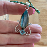 Labradorite & Aquamarine Sterling Silver Pendant Turquoise beaded Necklace