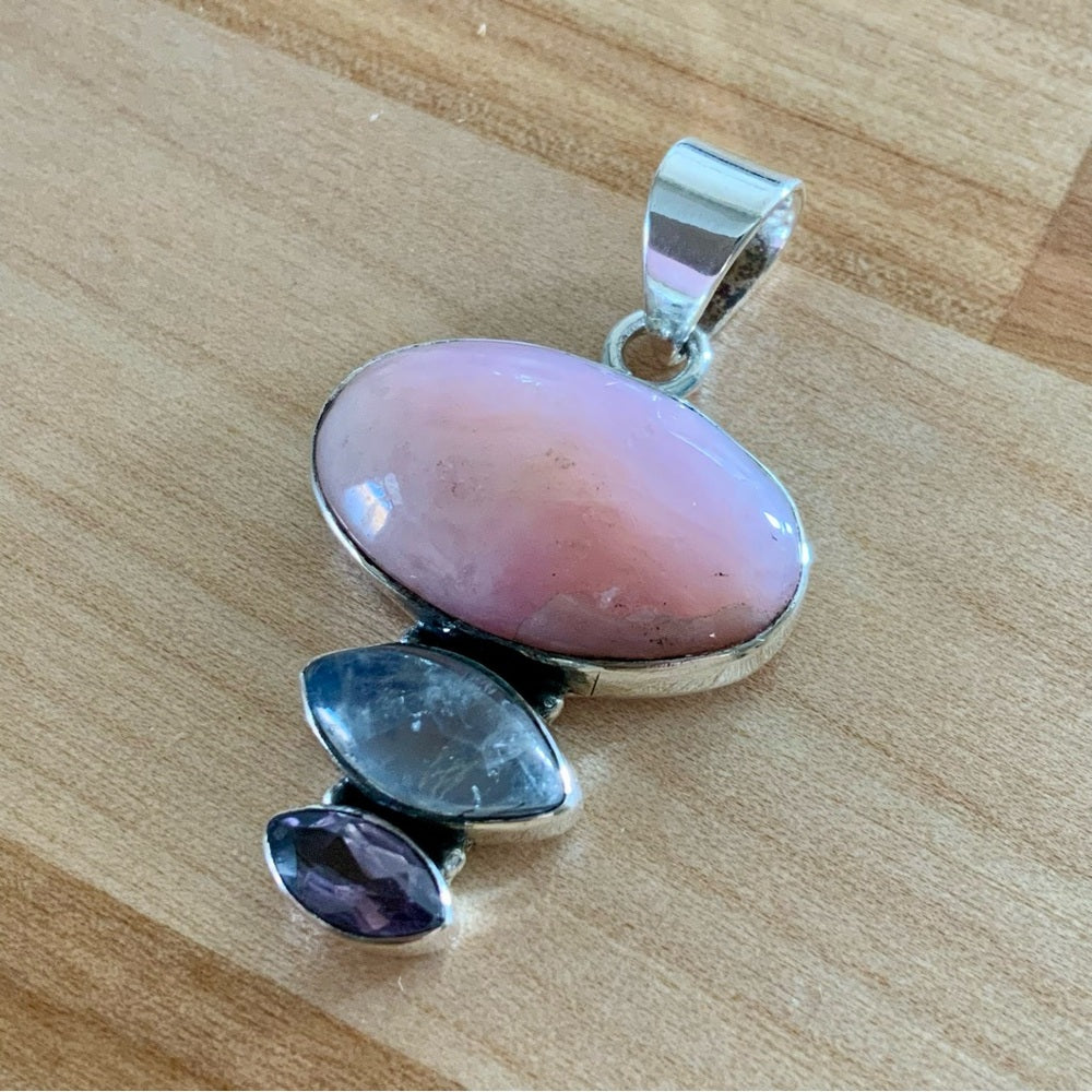 Pink Opal Moonstone & Amethyst solid 925 Sterling Silver Pendant