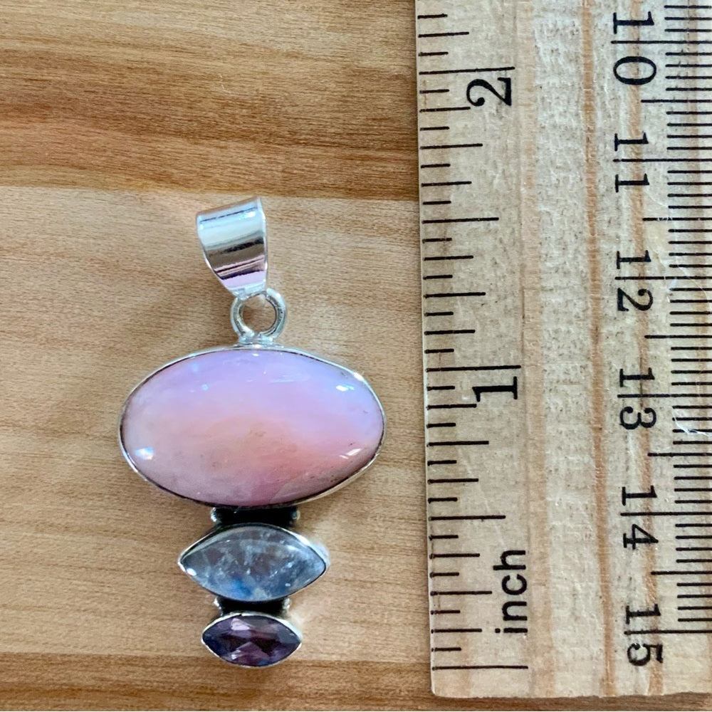 Pink Opal Moonstone & Amethyst solid 925 Sterling Silver Pendant