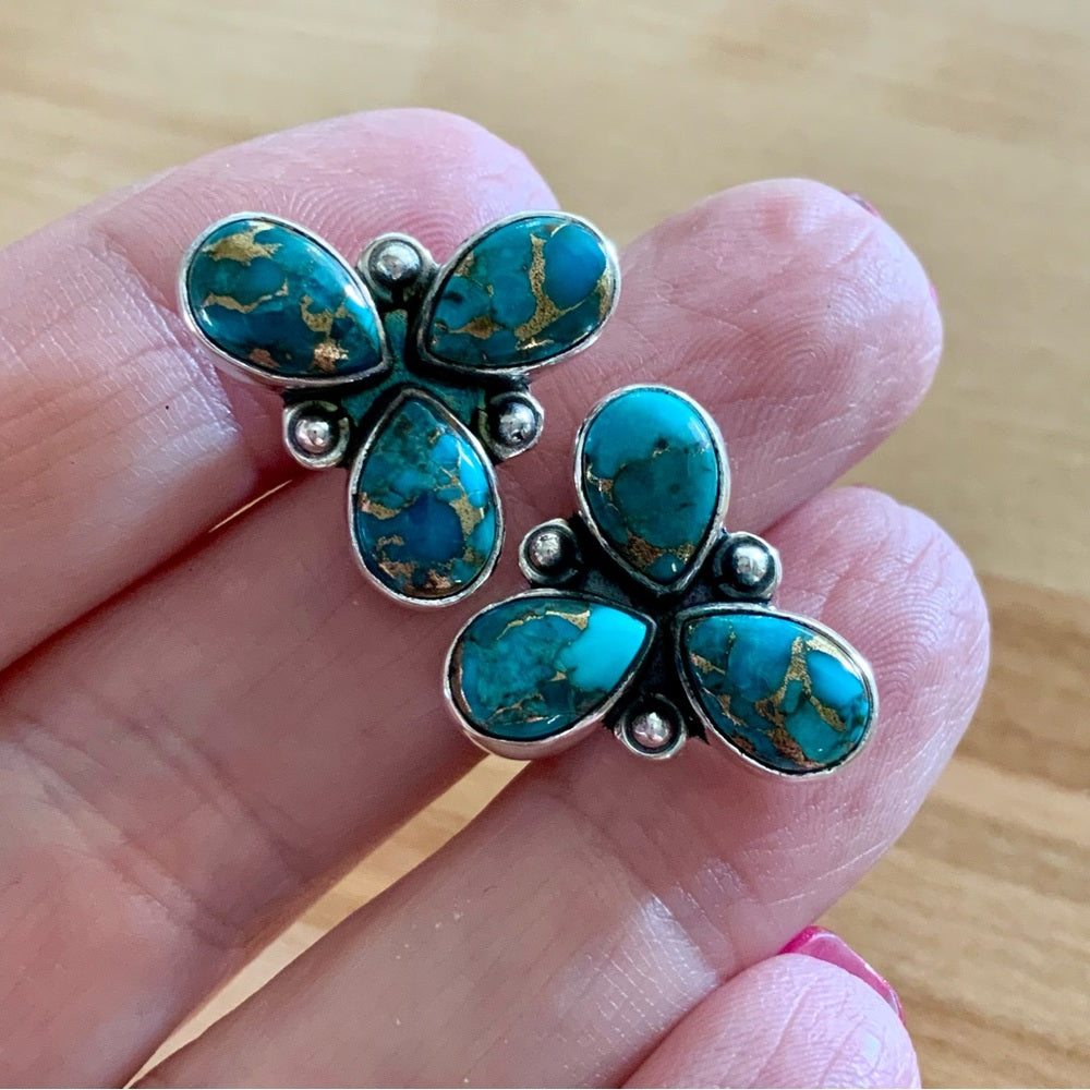 Copper Turquoise Solid 925 Sterling Silver Post Stud Earrings