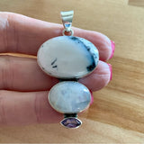 Dendritic Opal Moonstone Amethyst Solid 925 Sterling Silver Pendant